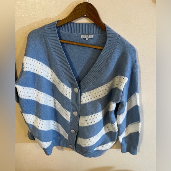 FRNCH Blue & White Open Front Lahlia Cardigan Size M Knitting long sleeves - Picture 6 of 16